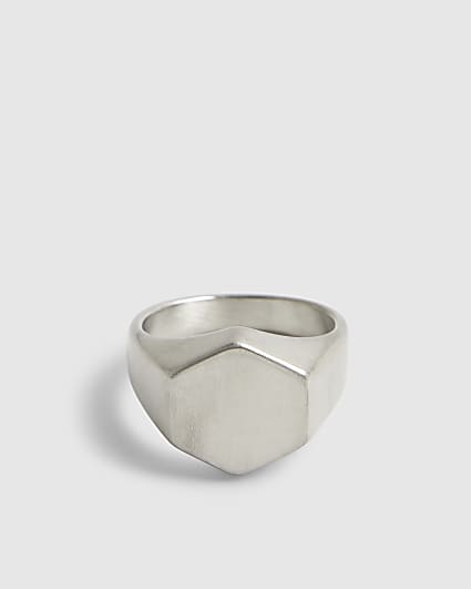 Silver Steel Brushed Hexagon Ring