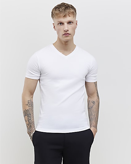 White Muscle Fit V-Neck Pack Of 2 T-Shirts