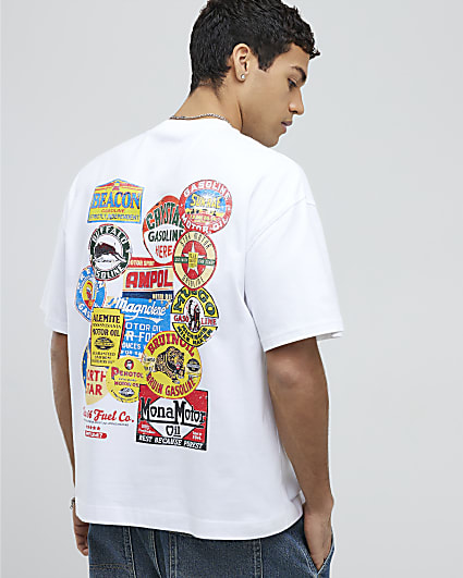 White Oversized Fit Gasoline Badge T-Shirt
