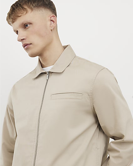 Beige Regular Fit Curved Hem Zip Overshirt