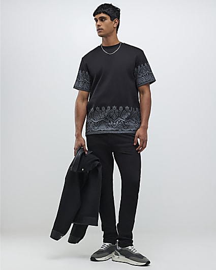 Black Regular Fit Paisley Border T-Shirt