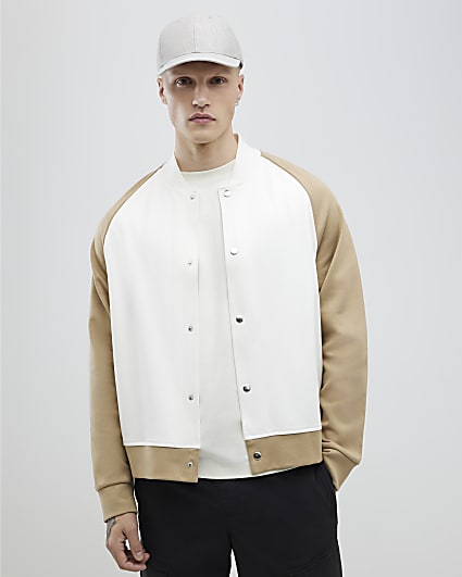 Ecru Regular Fit Colour Block Bomber Jacket