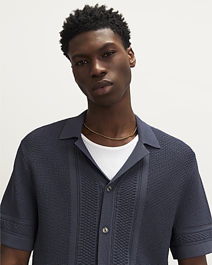 Blue Slim Fit Textured Knitted Shirt