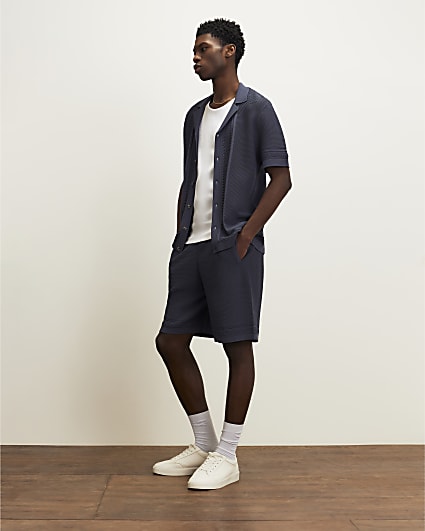 Blue Slim Fit Textured Knitted Shorts