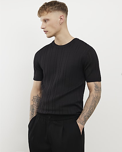 Black Slim Fit Ribbed T-Shirt