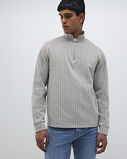 Stone Regular Fit Stripe Half Zip Sweatshirt
