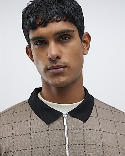 Beige Slim Fit Check Polo Shirt