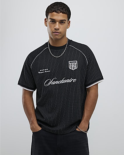 Black Regular Fit Pinstripe Football T-Shirt