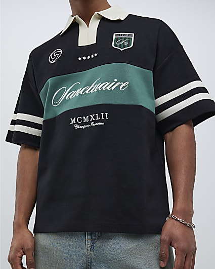 Black Boxy Fit Football Polo Shirt