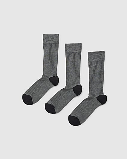 Grey Ribbed Pack Of 3 Socks