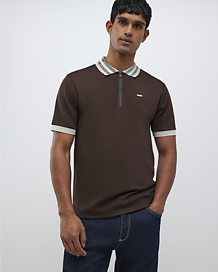 Brown Slim Fit Check Collar Polo Shirt