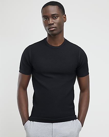 Black Muscle Fit Zig Zag Texture T-Shirt