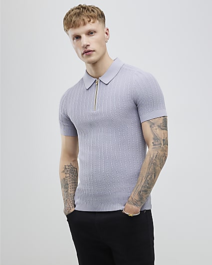 Purple Muscle Fit Ribbed Polo Shirt