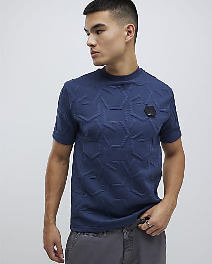 Navy Slim Fit Geometric Quilted T-Shirt