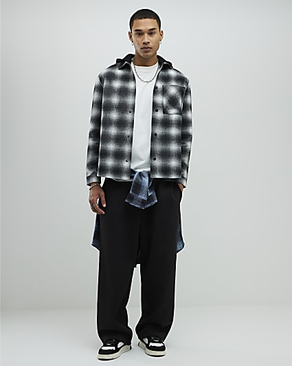 Black Oversized Fit Check Hooded Shirt