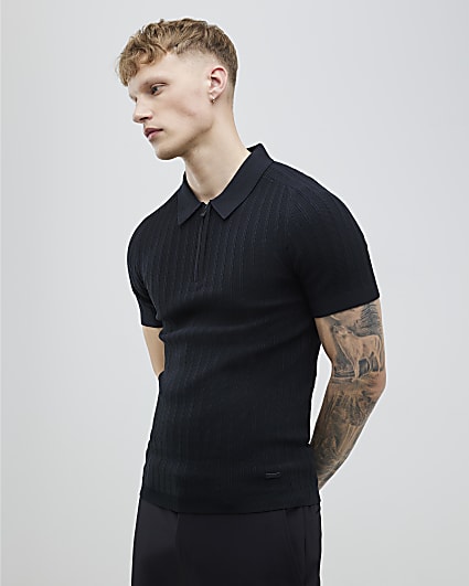 Black Muscle Fit Ribbed Polo Shirt