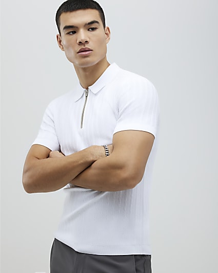 White Muscle Fit Rib Polo Shirt