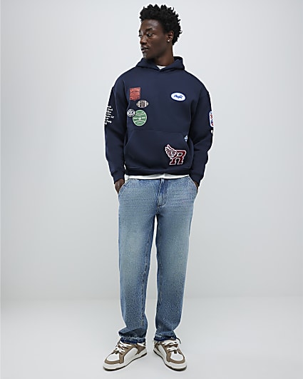 Blue Loose Fit Embroidered Pocket Jeans