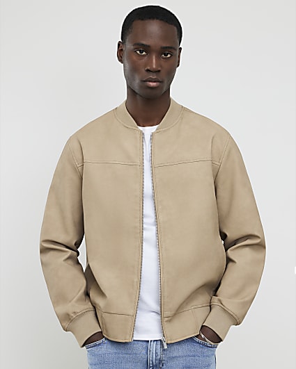 Beige Faux Leather Bomber Jacket