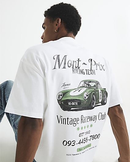 White Oversized fit Vintage Car T-Shirt