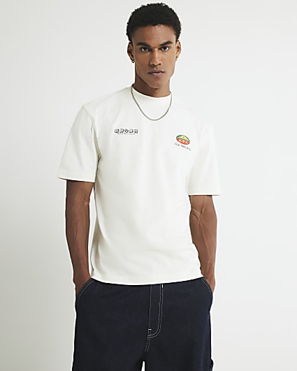 Cream Regular Fit Japanese Sticker T-Shirt