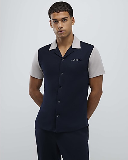 Navy Muscle Fit Colour Block Shirt