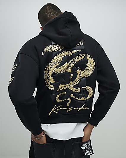 Black Regular Fit Japanese Snake Hoodie
