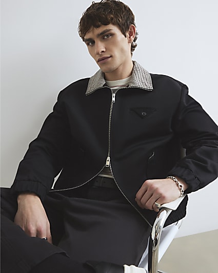 Black Check Lined Harrington Jacket