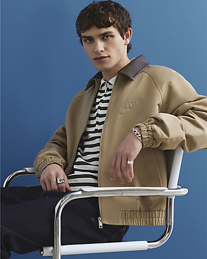 Beige Faux Leather Collared Harrington Jacket