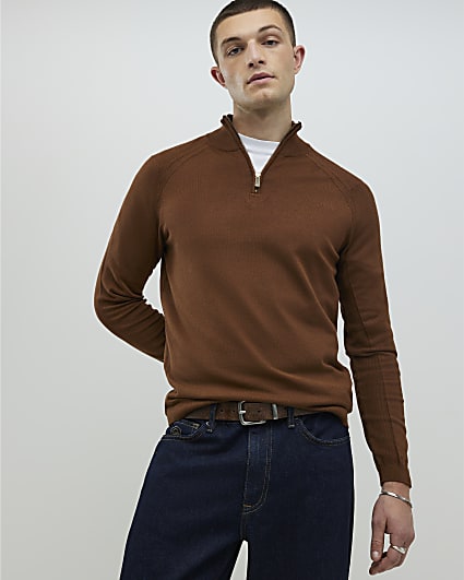 Brown Slim Fit Half Zip Jumpers