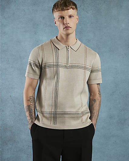 Cream Slim Fit Abstract Check Polo Shirt