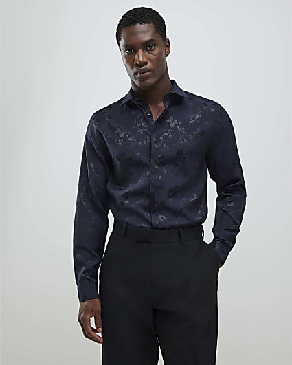 Navy Slim Fit Floral Long Sleeve Shirt
