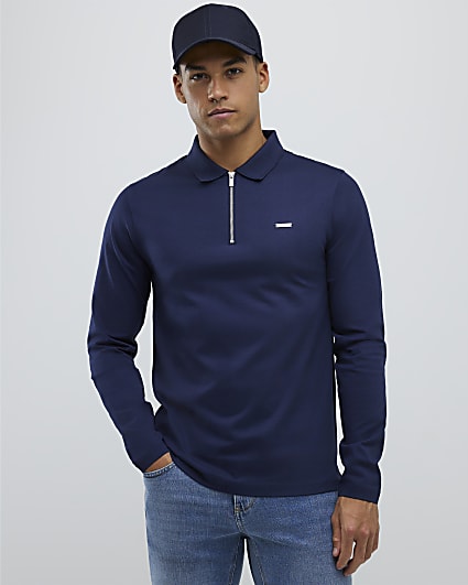 Navy Slim Fit Premium Zip Polo Shirt