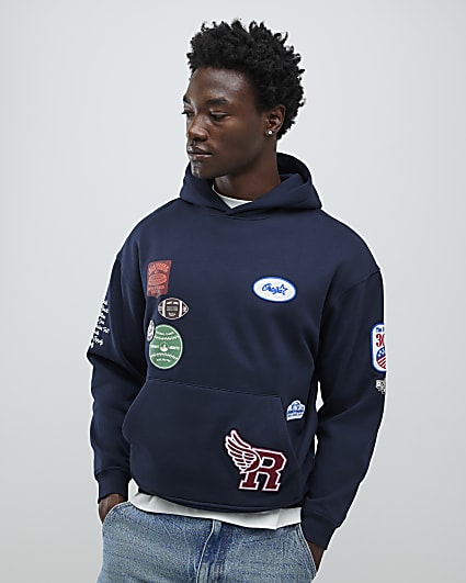 Navy Oversized Fit Badge Hoodie