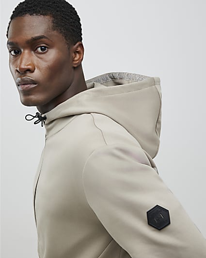 Beige Slim Fit Zip Through Hoodie