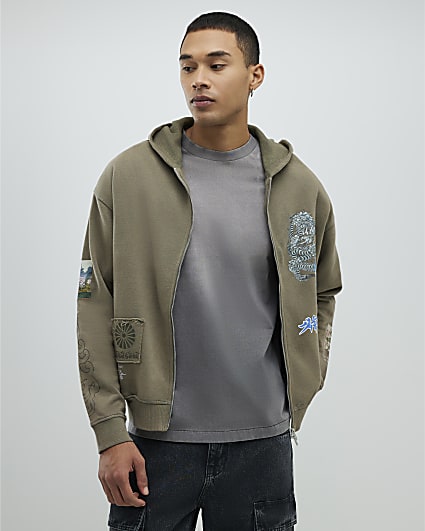 Khaki Oversized Fit Japanese Patch Hoodie