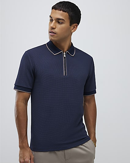 Navy Slim Fit Textured Zip Neck Polo Shirt