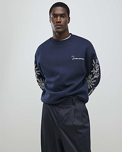 Navy Regular Fit Floral Rope Sweatshirt