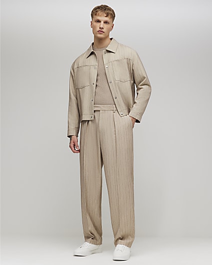 Beige Relaxed Fit Pinstripe Trousers
