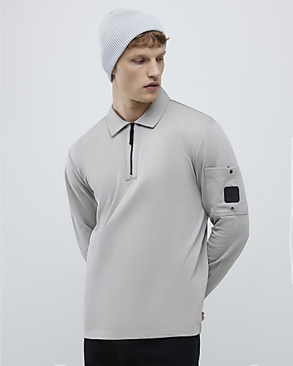 Grey Slim Fit Sleeve Pocket Zipped Polo Shirt