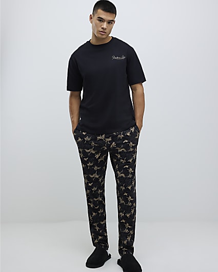 Black Crane Print Loungewear Set