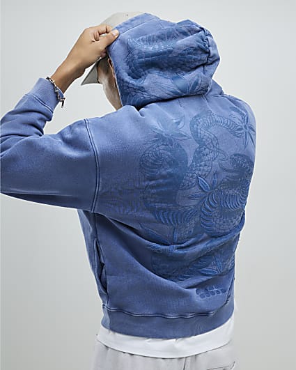Blue Oversized Fit Japanese Snake Hoodie