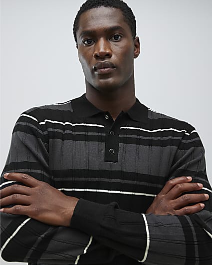 Black Muscle Fit Stripe Ribbed Polo Shirt