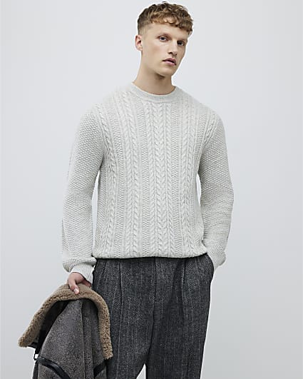 Cream Slim Fit Cable Knit Jumper