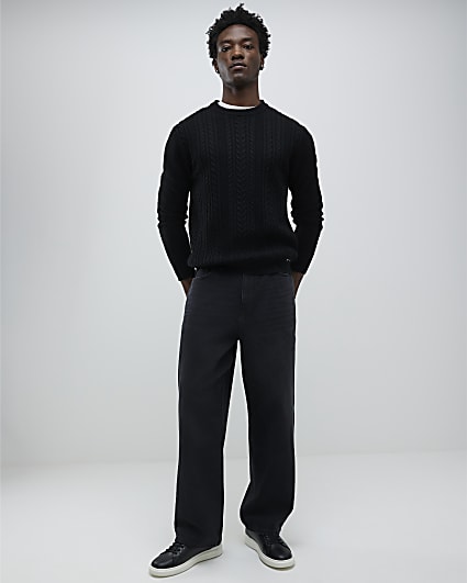 Black Slim Fit Cable Knit Jumper