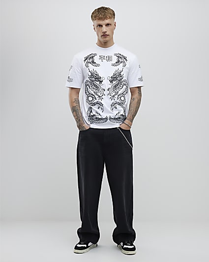 White Oversized Fit Ying Yang Dragons T-Shirt