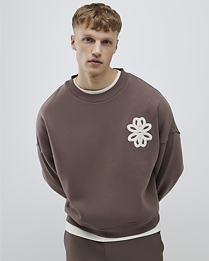 Brown Oversized Fit Floral Rope Sweatshirt