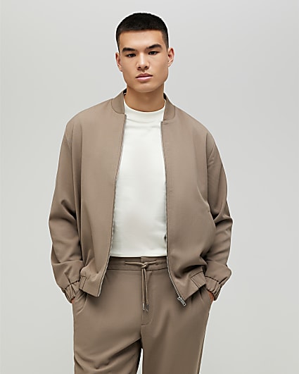 Beige Slim Fit Bomber Jacket