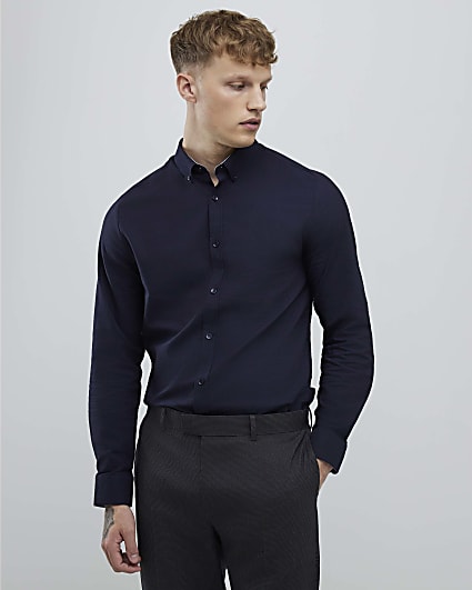 Navy Muscle Fit Textured Shirt