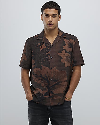 Brown Regular Fit Floral Revere Shirt